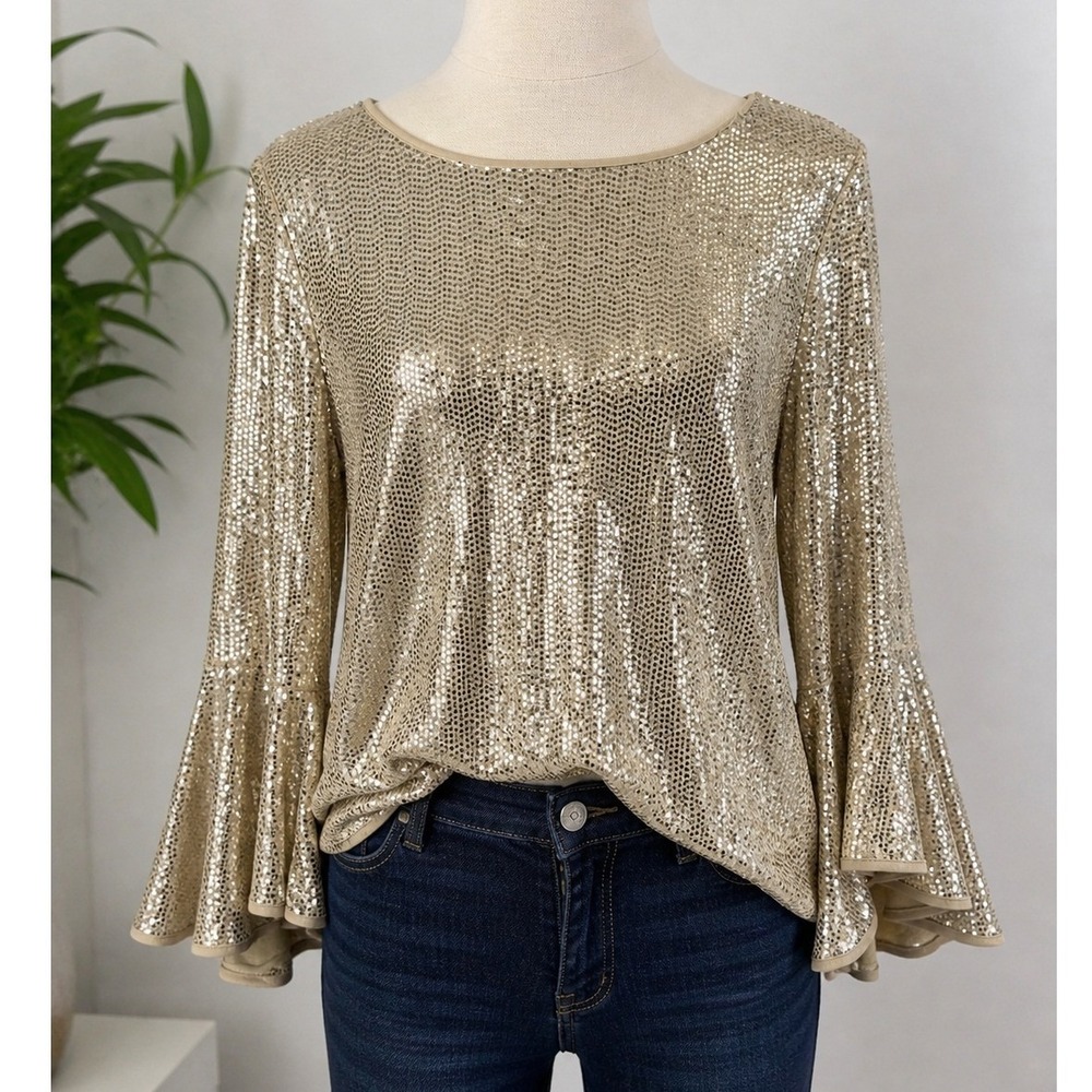Vince Camuto Womens Blouse Gold Sequin Tiered Bell Sleeve Glam L